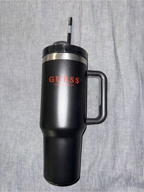GUESS Black Tumbler with Red Logo and Handle